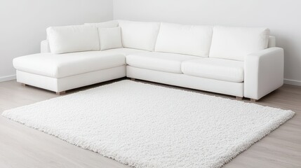 Wall Mural - White Sectional Sofa with Fluffy Rug in Modern Living Room