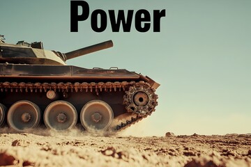 Powerful Military Tank Traversing the Desert Landscape with Prominent  Power  Text