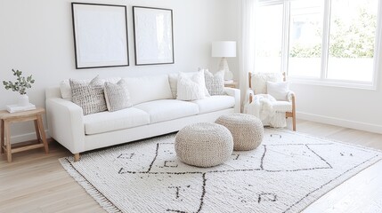 Sticker - White Sofa Living Room Interior Design with White Rug and Ottomans