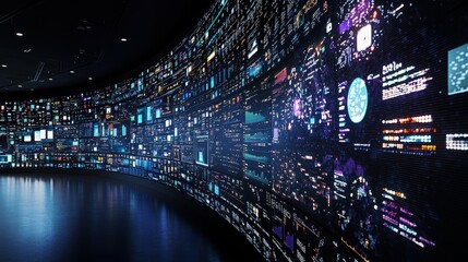 Wall Mural - Futuristic Data Center With Curved LED Screen Showing Data Analytics and Statistics