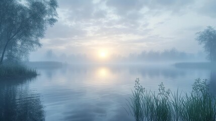 Poster - Serene Foggy Sunrise Over a Tranquil Lake