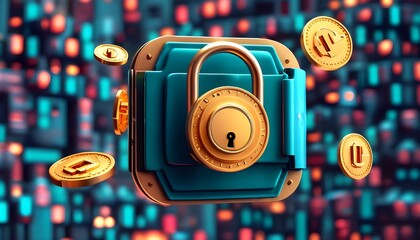 Wall Mural - Digital wallet secured by floating locks, symbolizing financial security through advanced technology in 3D illustration