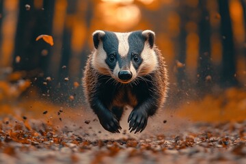 Sticker - Badger Running Through Autumn Forest