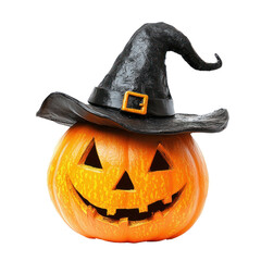 Jack O Lantern Halloween pumpkin with witches hat isolate on transparency background