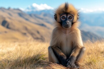 Poster - Curious Young Monkey Sitting On A Mountaintop