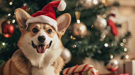 Festive Corgi in Santa Hat by Christmas Tree with Ornaments and Wagging Tail