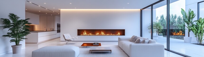 Wall Mural - Modern Living Room with Fireplace and Large Windows