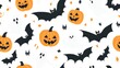 © NeuralNiche - Seamless Halloween pattern featuring bats pumpkins and ghosts on a white background