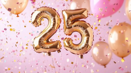 Gold Number 25 Balloons with Confetti on Pink Background - Celebration, Party, Anniversary