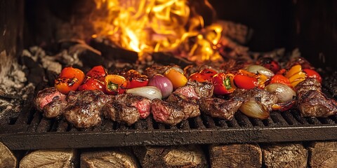 Peppers, onions, and meat roasting over a wood-fired parrilla grill in a traditional Uruguayan restaurant kitchen.