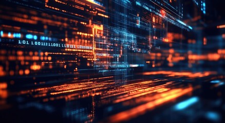 Abstract digital background with glowing lines and binary code in orange and blue hues.