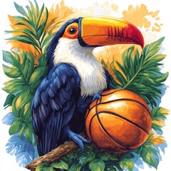 Toucan with Basketball in Tropical Foliage