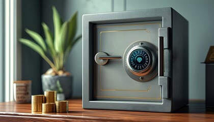 Cutting-edge financial security solutions featuring biometric lock technology in a detailed 3D illustration