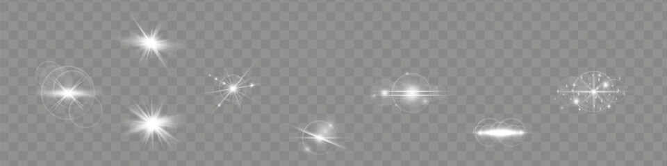 Sticker - Vector light effects. Set of white light lens effects on transparent background. Transparent vector sunlight for web design and illustrations.