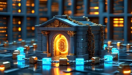 Wall Mural - Futuristic digital bank vault illuminated by interconnected blockchain links, symbolizing secure finance in a 3D illustration