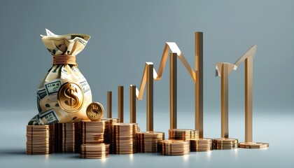 3D illustration of a bar graph showing rising profits supported by money bags enhancing financial growth and success