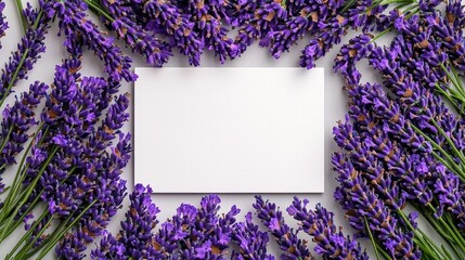 A blank white card surrounded by vibrant lavender flowers, ideal for invitations, notes, or creative designs.