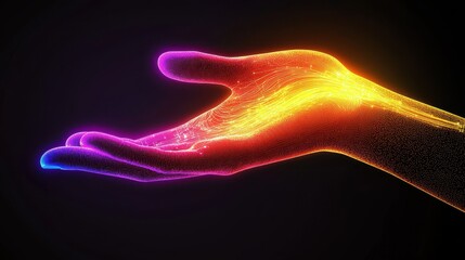 Canvas Print - Abstract Glowing Hand with Neon Lights and Digital Lines