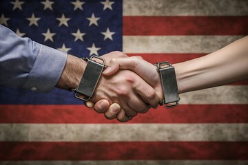 partnership, politics, gesture and people concept - close up of handshake over american national flag background