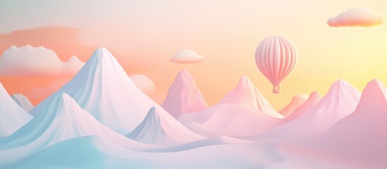 Travel themed background featuring a hot air balloon and mountains blending surrealism with pastel colors in a 3D illustration