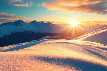 Wall Mural - Majestic Sunset Over Snowy Mountain Peaks with Golden Light