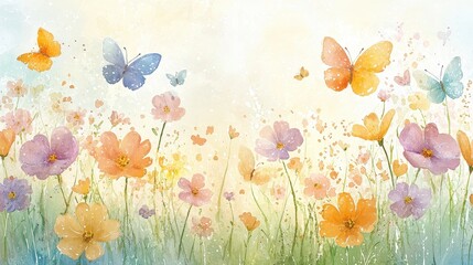 Wall Mural - Watercolor Spring Flowers and Butterflies Meadow Landscape