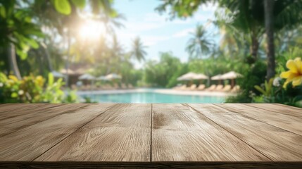 Wall Mural - Wooden Tabletop with Blurred Tropical Pool Background