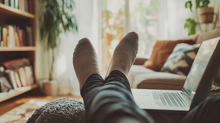 A person with feet up on the desk, working on a laptop, soft background