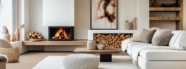 Wall Mural - A modern, minimalist living room interior design with a cozy fireplace, warm-toned wood furniture and minimalist decor, soft textured neutral-colored sofa and cushions, stacked firewood