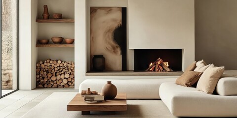 Wall Mural - A modern, minimalist living room interior design with a cozy fireplace, warm-toned wood furniture and minimalist decor, soft textured neutral-colored sofa and cushions, stacked firewood