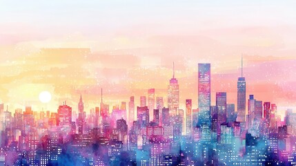 Vibrant city skyline at sunset, featuring colorful buildings and a dreamy atmosphere that captures urban beauty and serenity.