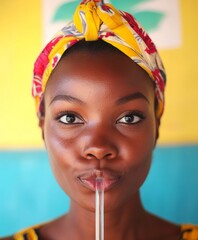 Close-Up of Woman with Serious Expression Drinking with Giant Glass Straw - Bright and Humorous Style