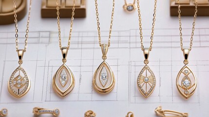 Poster - Gold Diamond Pendants on White Background with Grid Design