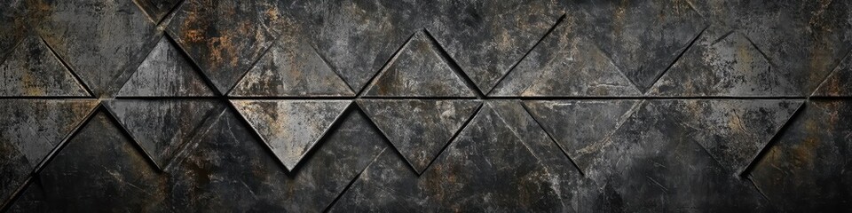 Intricate grunge texture, distressed and scratched metal surfaces, geometric triangle patterns, shades of gray and black color tones, dark and grungy industrial style