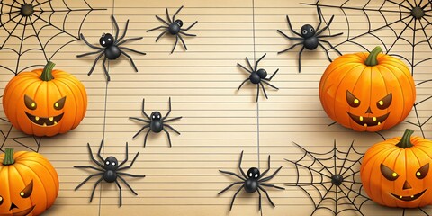 Animated spiders swarm over Halloween-lined paper, weaving webs around orange pumpkins and jack-o'-lantern faces, their