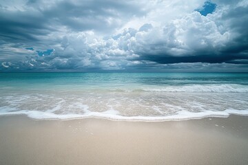 sea and cloudy sky with beach sand in the foreground , ai