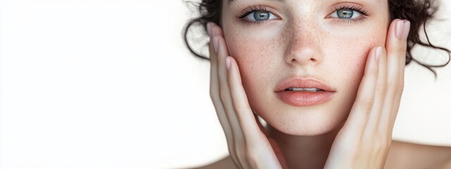 soft focus, close-up of a woman's face, minimalistic background, delicate features, gentle expression, skin care, beauty, simplicity, elegance, touch of hands to face