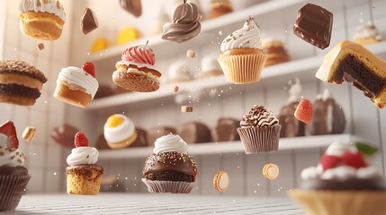 A 3D bakery menu board with floating dessert icons, symbolizing a variety of sweet offerings