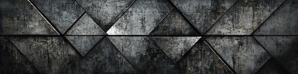 Intricate grunge texture, distressed and scratched metal surfaces, geometric triangle patterns, shades of gray and black color tones, dark and grungy industrial style