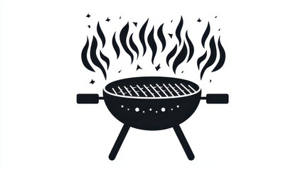 BBQ Grill Icon with Flames  Black and White