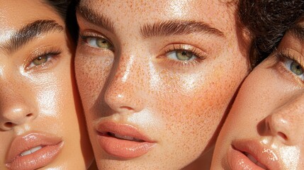 Closeup of Women s Faces with Glitter Makeup and Freckles