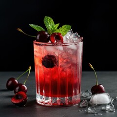 Wall Mural - cherry cocktail, glass with ice, fresh cherries, mint garnish, clear background, vibrant red, scattered ice cubes, refreshing drink, high-quality photo, close-up shot