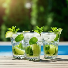 refreshing summer drinks, lime and mint mojitos, ice cubes, clear glasses, outdoor setting, sunny day, bokeh effect, green drink, poolside, tropical vibe, fresh mint garnish, glistening ice, vibrant c