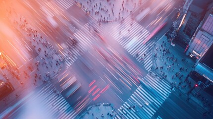 Aerial view of a busy city intersection with traffic and people walking.