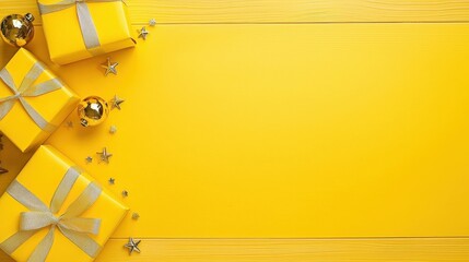 Wall Mural - Yellow Gift Boxes with Gold Ribbon and Stars on Wood Background