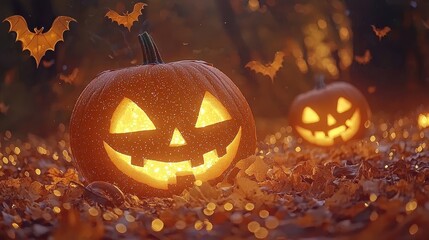 Sticker - Glowing Halloween Jack o Lantern with Bats and Autumn Leaves