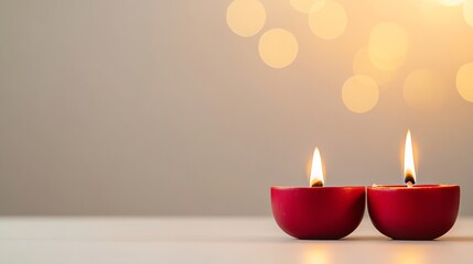 Two red candles are lit on a table, Diwali Diyas