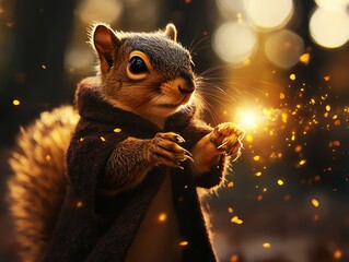 Squirrel wearing a wizards robe, casting spells in a dark forest, wizard squirrel, mystical woodland creature