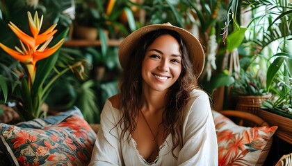 Wall Mural - joyful woman relaxing in a cozy room adorned with vibrant tropical houseplants