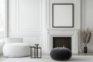 Wall Mural - Pouf and side table by a white sofa, positioned near a fireplace and a white wall with a poster frame. Modern minimalist living room interior design.